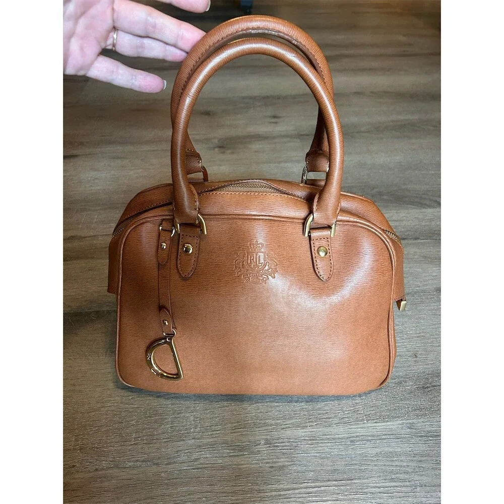 Lauren Ralph Lauren Dome Satchel Top Handle Bag Brown Cognac Gold Crest